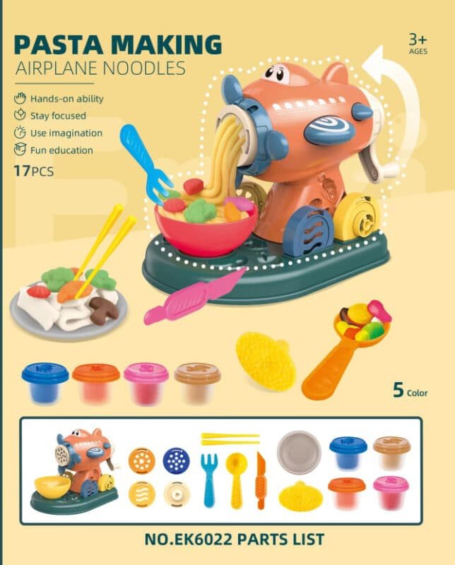 Plane Noddle Machine kit, noddle maker, noddle mold, knife&fork, chopsticks, bowl, plate and colored clay